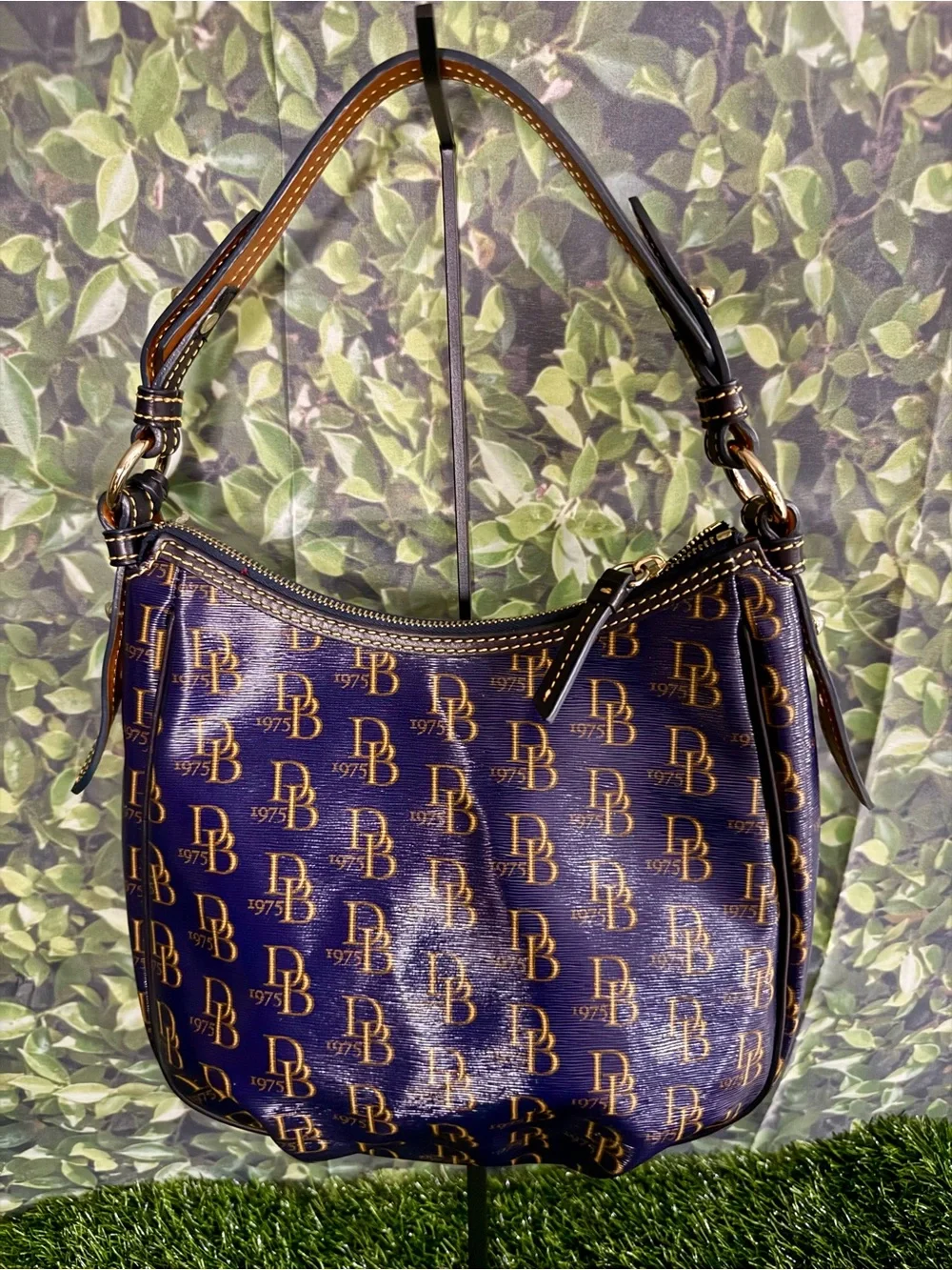 Dooney & Bourke Navy Blue & Gold 1975 Monogram Coated Canvas Hobo Bag